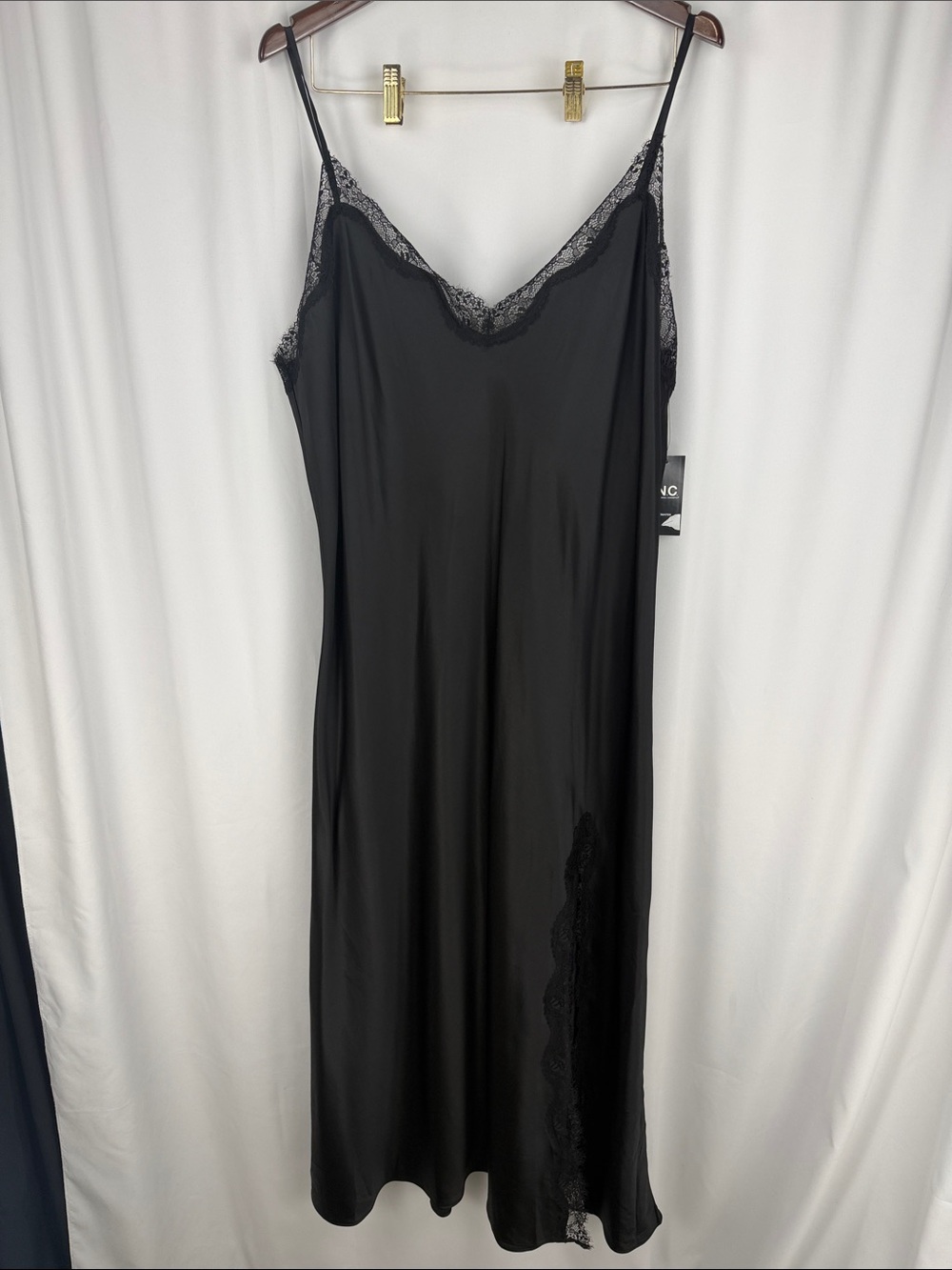 INC International Concepts Black Satin Lace-Trim Slip NWT